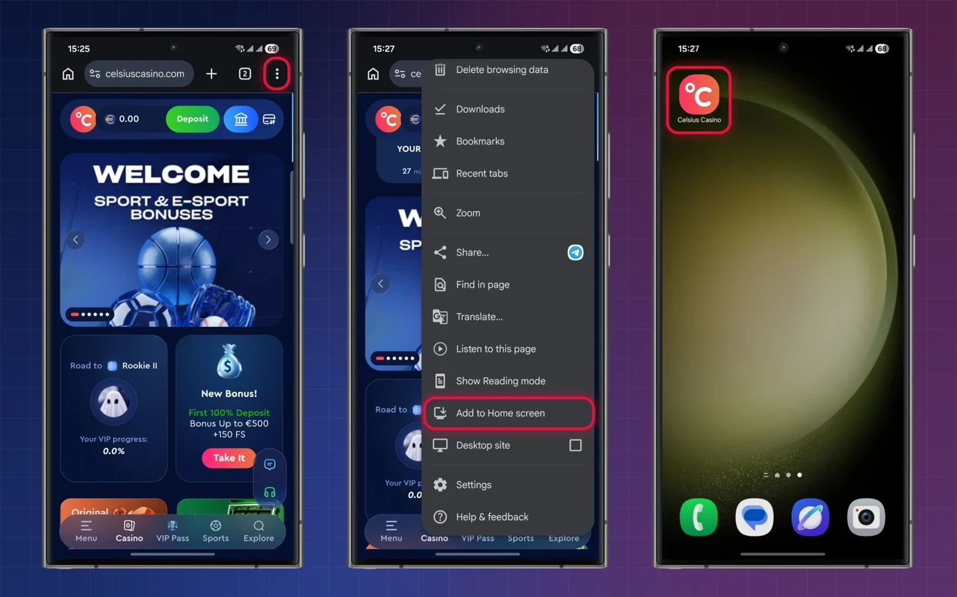 Celsius aplikace: přidání na plochu telefonu v Androidu